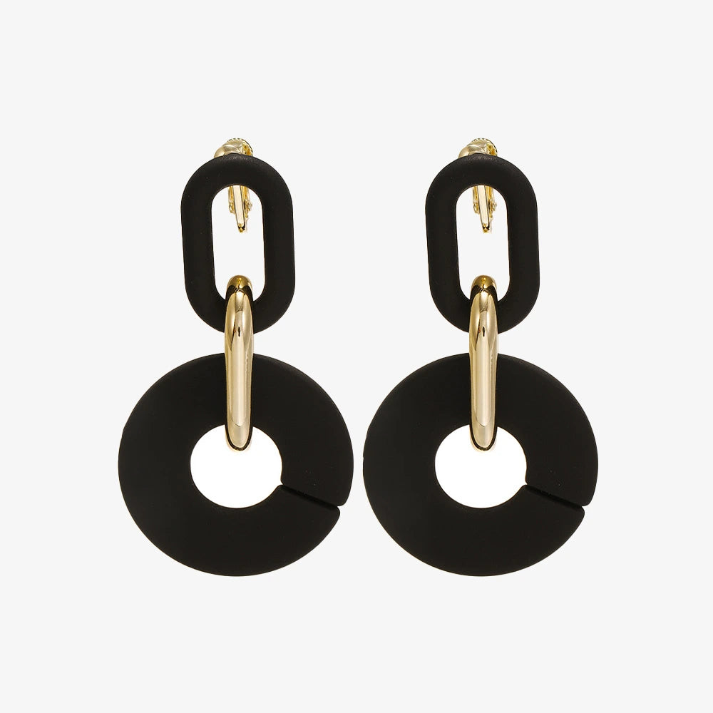 Matte Black & Gold Circular Pendant Clip-On Earrings