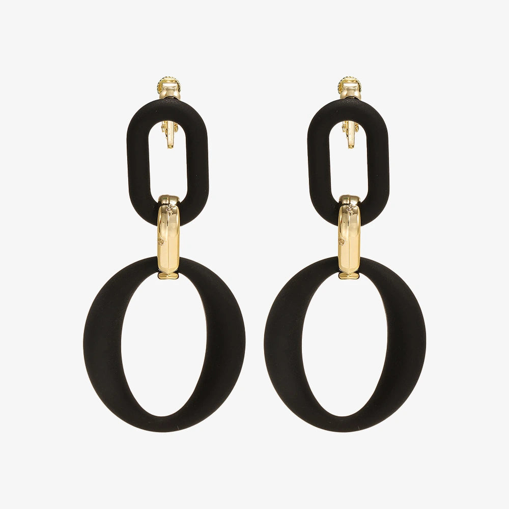 Matte Black & Gold Oval Link Clip-On Earrings