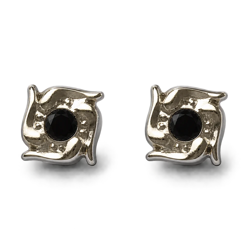 A pair of silver-toned square stud earrings with a central round black gemstone, photographed on a clean white background.
