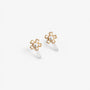 Mini Pearl Flower Invisible Clip-On Stud Earrings displayed on white surface, showing delicate silver-tone floral design with pearl centers