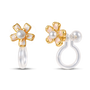 A pair of gold flower-shaped clip on earrings with white pearl centers and iridescent white petal inlays, shown on a clean white background with one earring facing forward and the other showing the side profile.