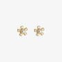 Mini pearl flower invisible clip-on stud earrings in gold with white pearl centers, front view on white background