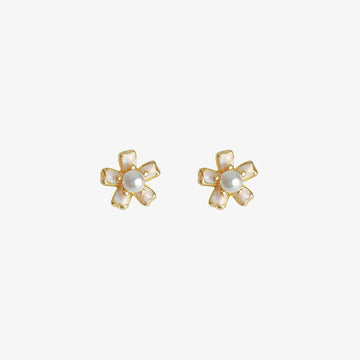 Mini pearl flower invisible clip-on stud earrings in gold with white pearl centers, front view on white background