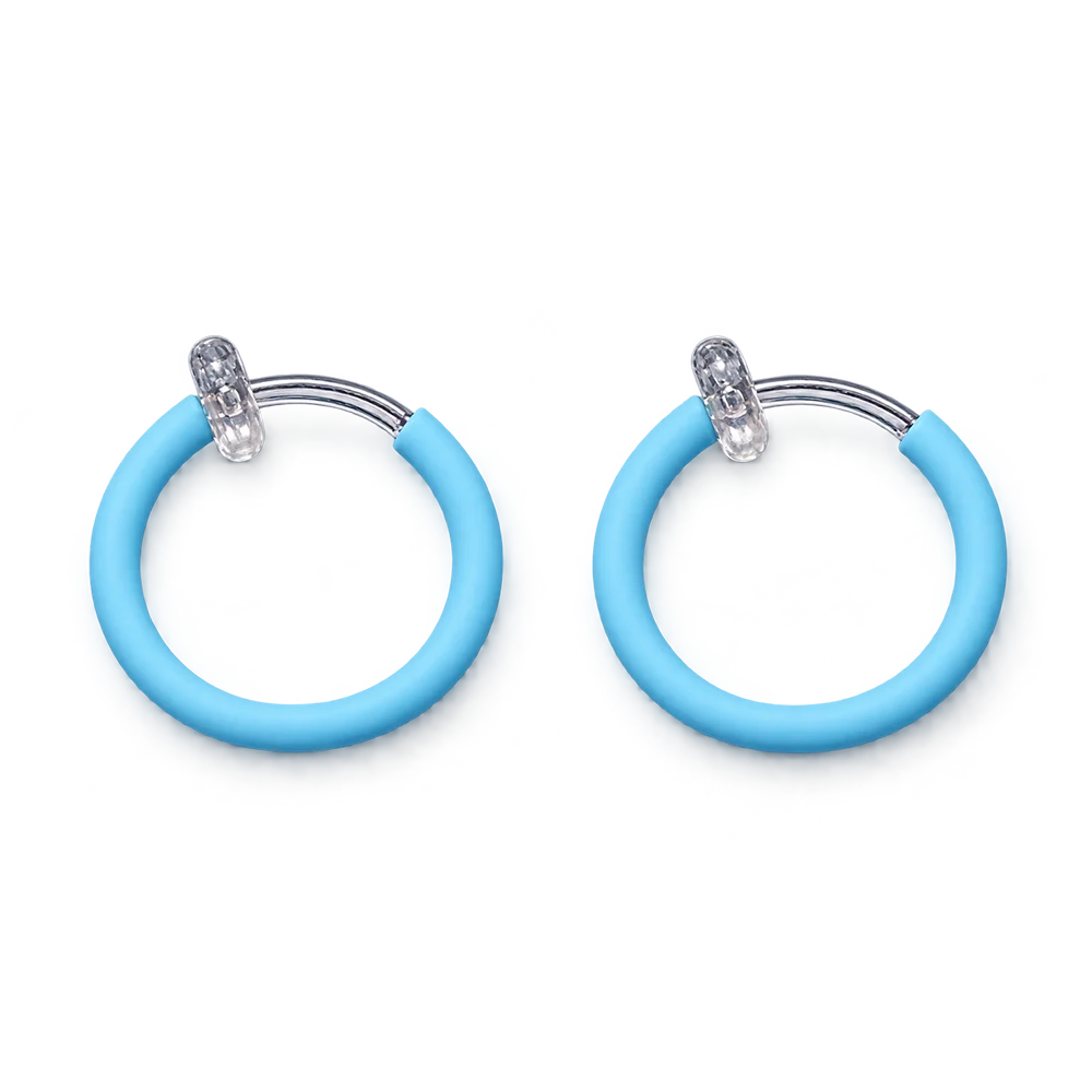 A pair of light blue glow-in-the-dark hoop earrings with spring-hoop clip-on, shown on a plain white background.