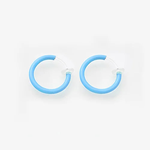 Blue mini glow clip-on hoop earrings front view on white background