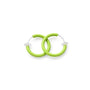 Two lime green glow in the dark clip on earrings with clear plastic ear loops, shown on a solid white background.
