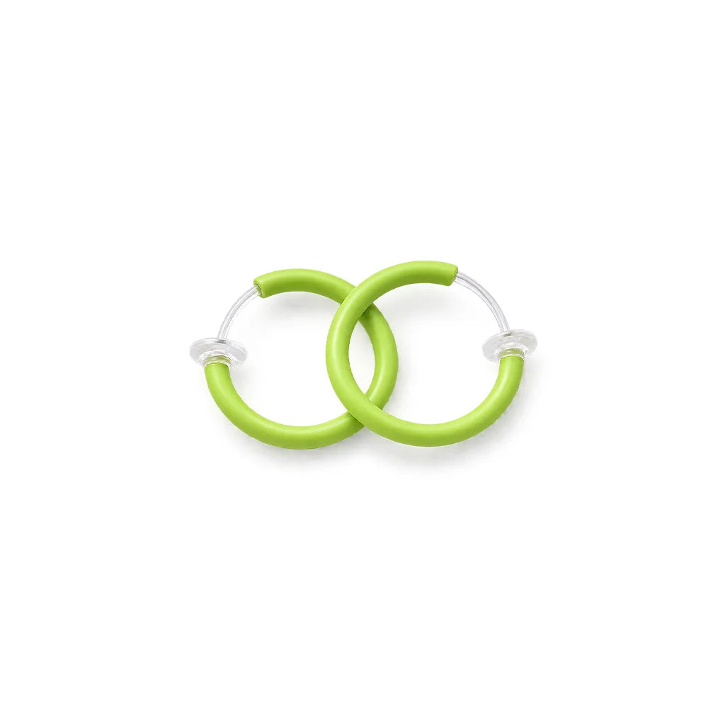 Two lime green glow in the dark clip on earrings with clear plastic ear loops, shown on a solid white background.