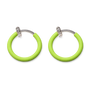 A pair of bright lime green glow-in-the-dark spring-hoop earrings, shown on a plain white background.