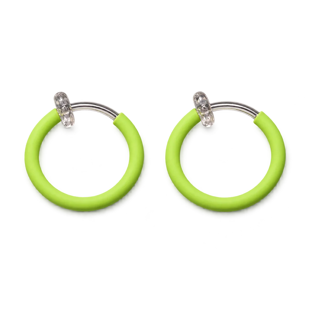 A pair of bright lime green glow-in-the-dark spring-hoop earrings, shown on a plain white background.