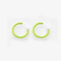 A pair of lime green clip-on hoop earrings with a transparent spring mechanism.