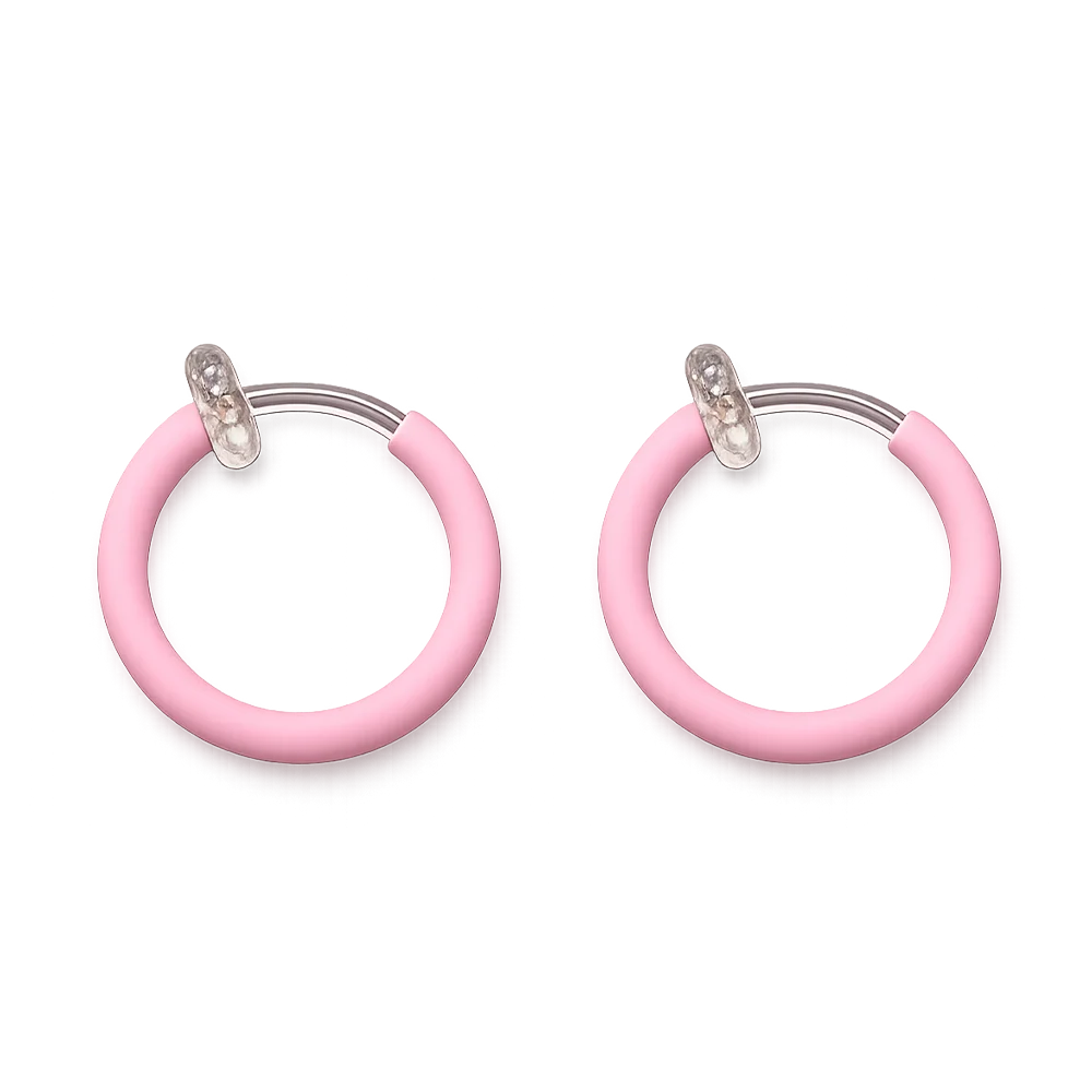 A pair of pink glow-in-the-dark hoop earrings, shown on a plain white background.