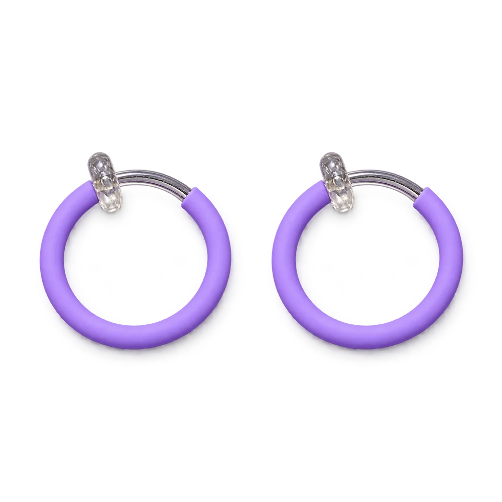 A pair of lavender purple hoop earrings, shown on a plain white background.