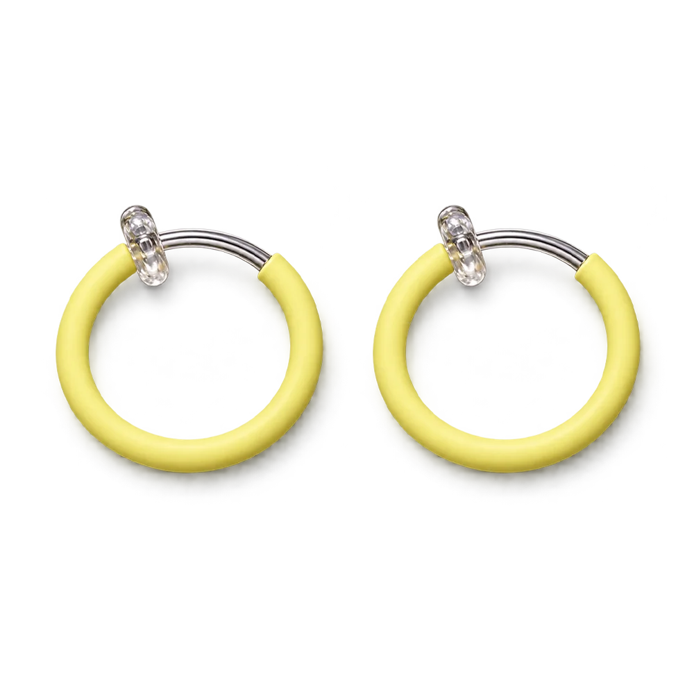 A pair of yellow hoop earrings, shown on a plain white background.