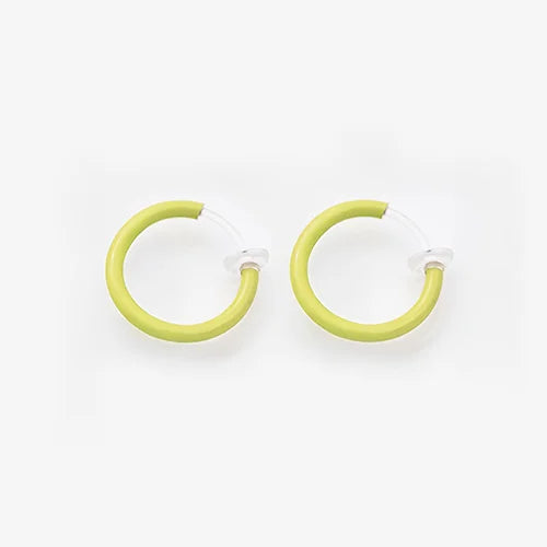 Yellow mini glow clip-on hoop earrings front view on white background