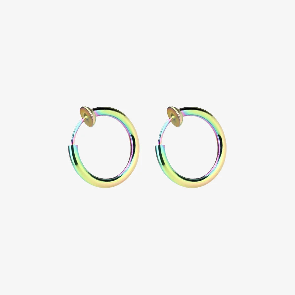 Iridescent mini hoop clip-on earrings pair front view on white background showing rainbow metallic finish