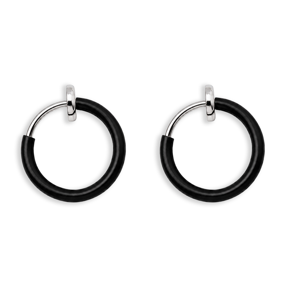 Black mini hoop clip on earrings front view on white background showing metallic accents and sleek design