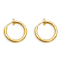 Gold mini hoop clip-on earrings front view on white background, featuring polished finish and small disc detail