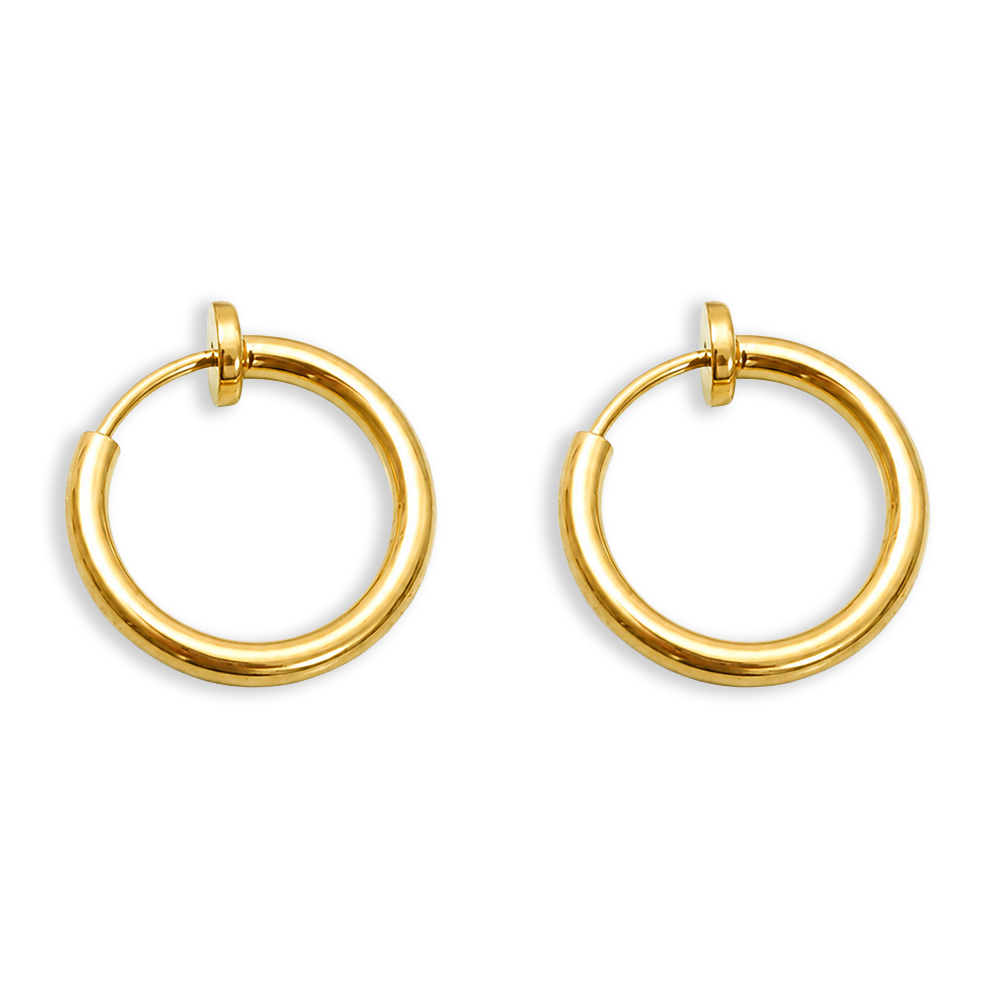 Gold mini hoop clip-on earrings front view on white background, featuring polished finish and small disc detail