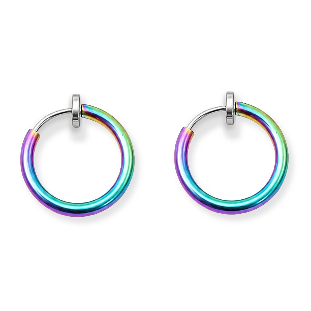 Iridescent mini hoop clip-on earrings pair front view on white background showing rainbow metallic finish