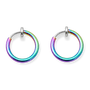 Iridescent mini hoop clip-on earrings pair front view on white background showing rainbow metallic finish