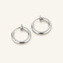 Silver mini hoop clip on earrings angled view on dark background showcasing polished metallic finish