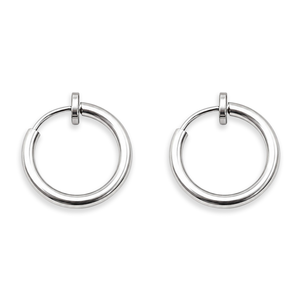 Silver mini hoop clip on earrings front view on white background