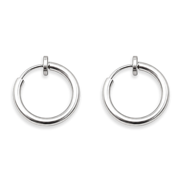 Silver mini hoop clip on earrings front view on white background