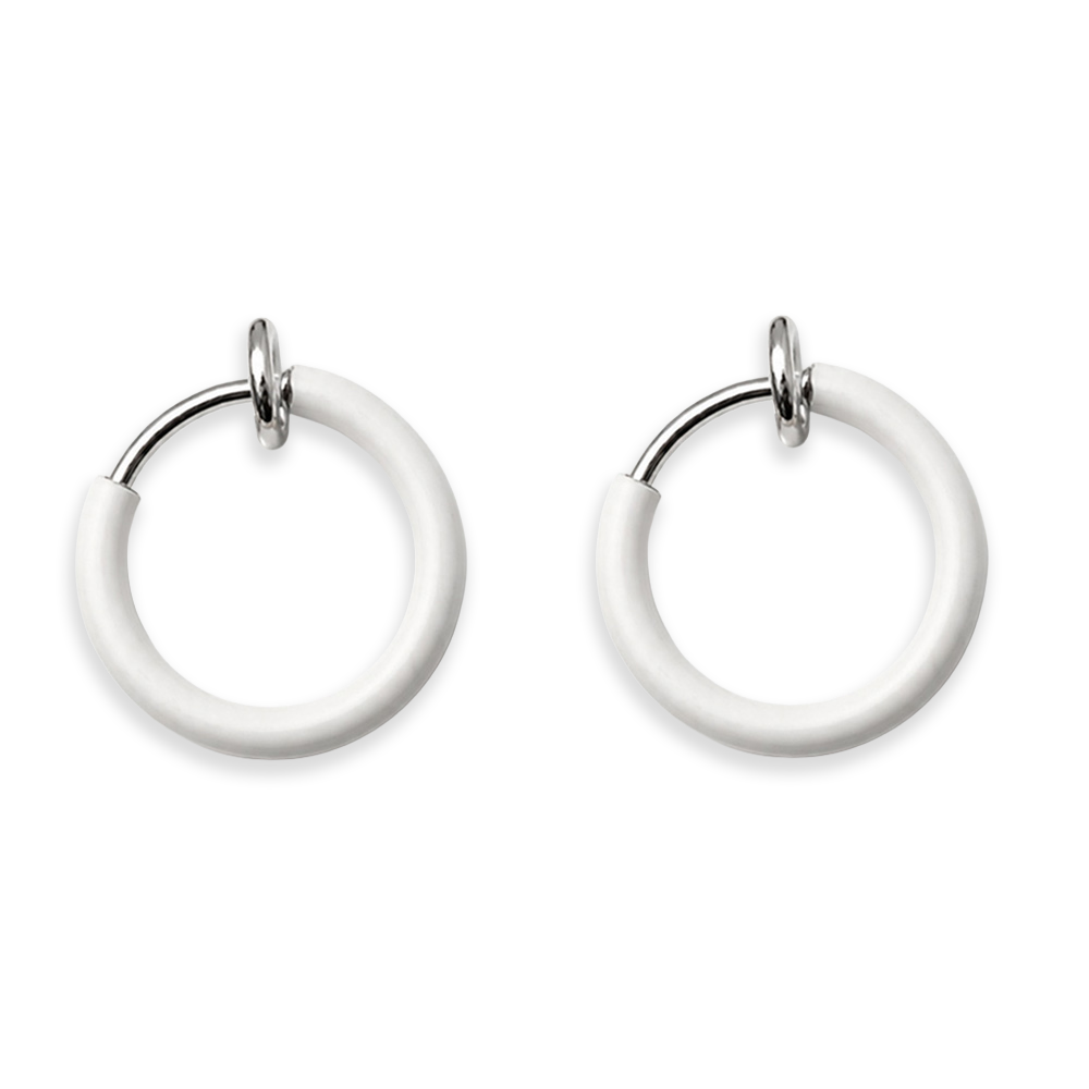 White mini hoop clip-on earrings front view on light background, showing pair of circular earrings with metallic posts