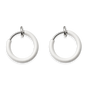 White mini hoop clip-on earrings front view on light background, showing pair of circular earrings with metallic posts