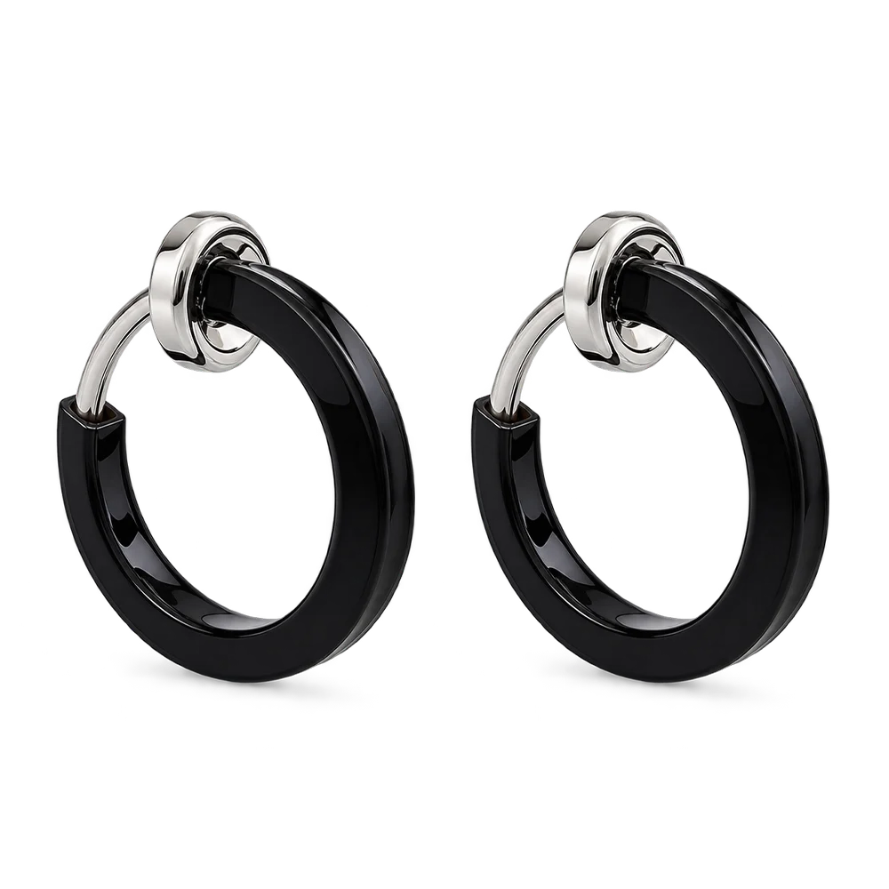 Black Mini Square Tube Clip-On Hoop Earrings with a bold black enamel finish and sliding spring-ring clip design.