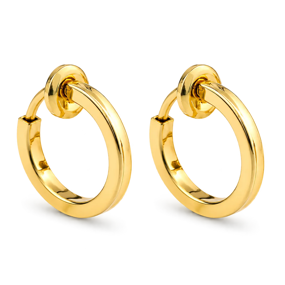 Gold Mini Square Tube Clip-On Hoop Earrings with a 14k gold plated finish and sliding spring-ring clip design.