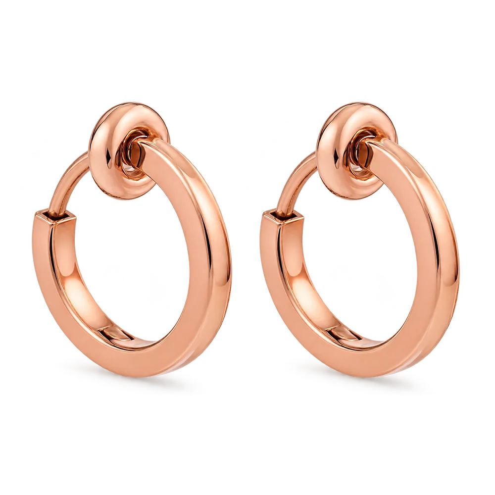 Rose Gold Mini Square Tube Clip-On Hoop Earrings with a warm rose gold plated finish and sliding spring-ring clip design.