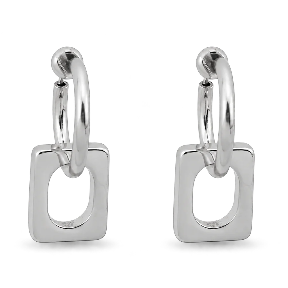 A pair of polished silver hoop earrings with a square drop pendant, shown on a clean white background.