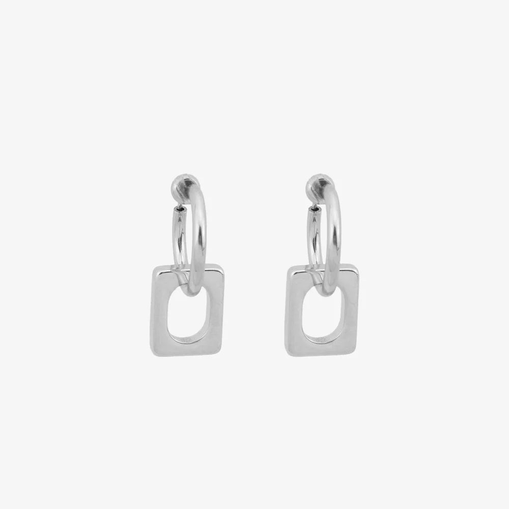 Silver modern minimalist square clip-on earrings with hoop tops displayed front view on white background