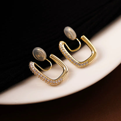 Pavé Square Gold Clip-On Hoop Earrings