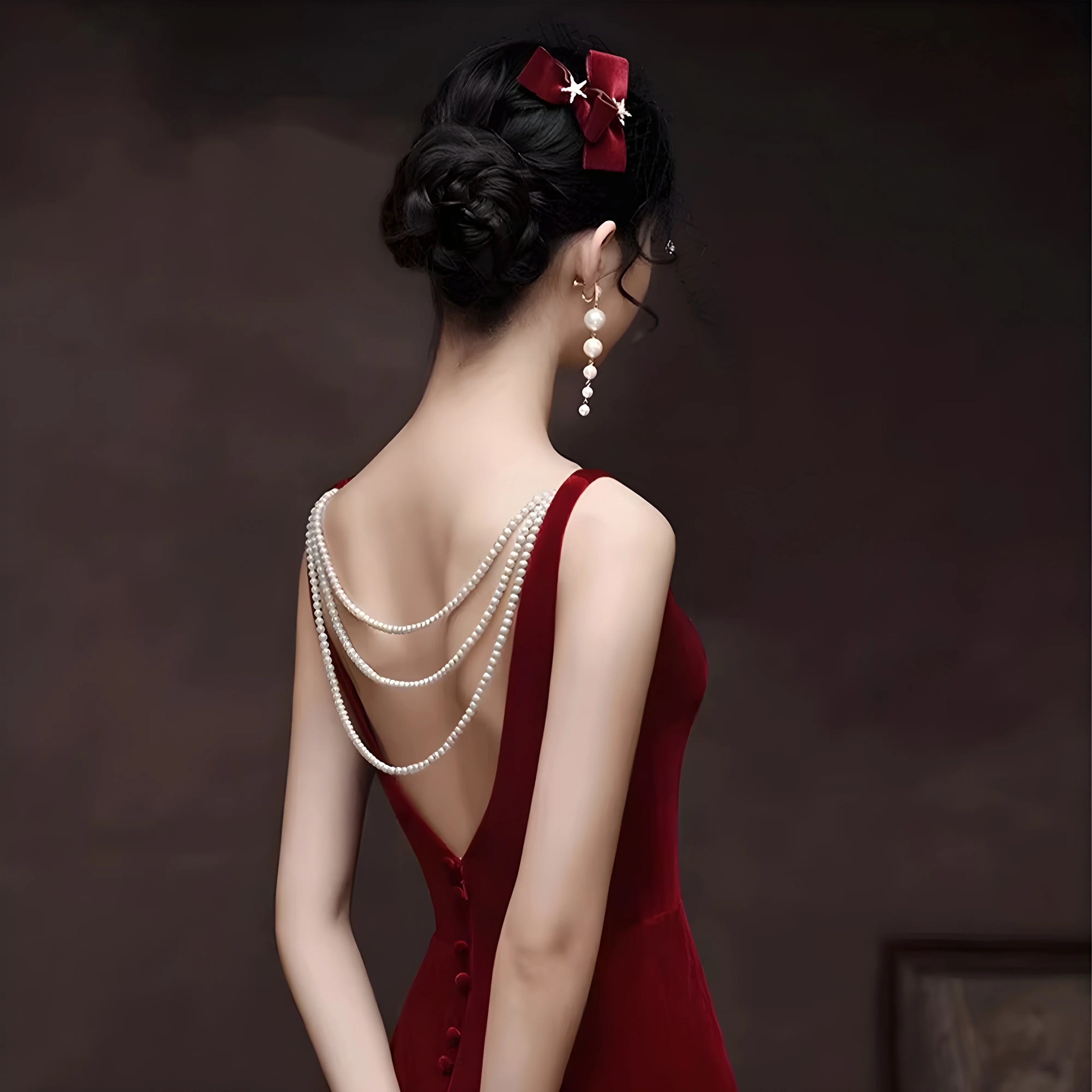 Pearl Cascade Clip On Earrings back view worn with red dress and matching hair bow