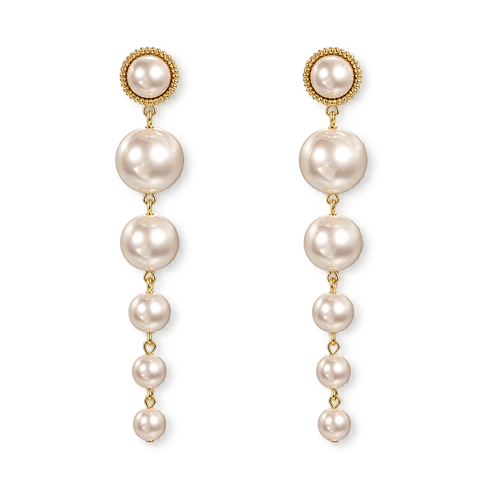 Elegant screw back clip on pearl earrings with cascading faux pearls, perfect for weddings.