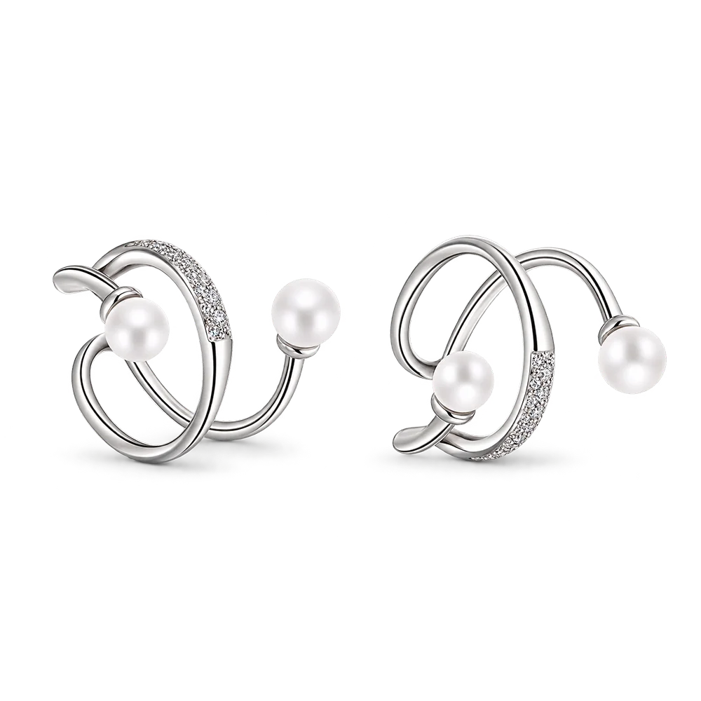 A pair of silver-toned hoop earrings with white pearls and rows of small clear stones, shown on a clean white background.