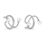 A pair of silver-toned hoop earrings with white pearls and rows of small clear stones, shown on a clean white background.