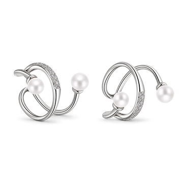 A pair of silver-toned hoop earrings with white pearls and rows of small clear stones, shown on a clean white background.