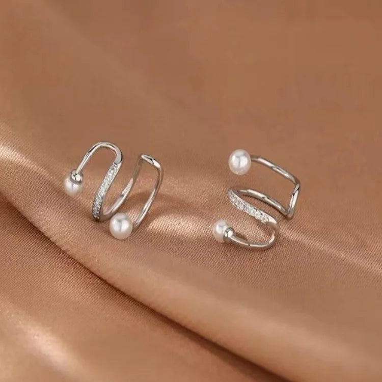 Pearl & Zircon Double-Band Silver Ear Cuffs