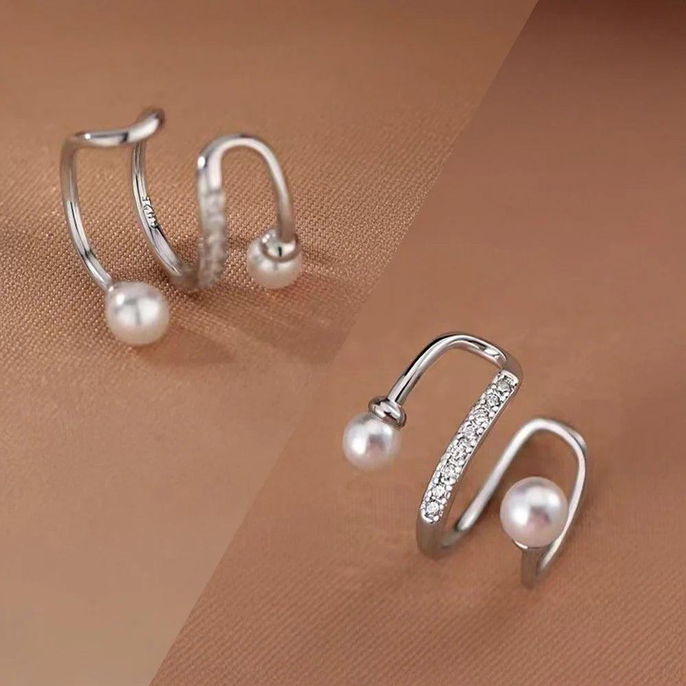 Pearl & Zircon Double-Band Silver Ear Cuffs