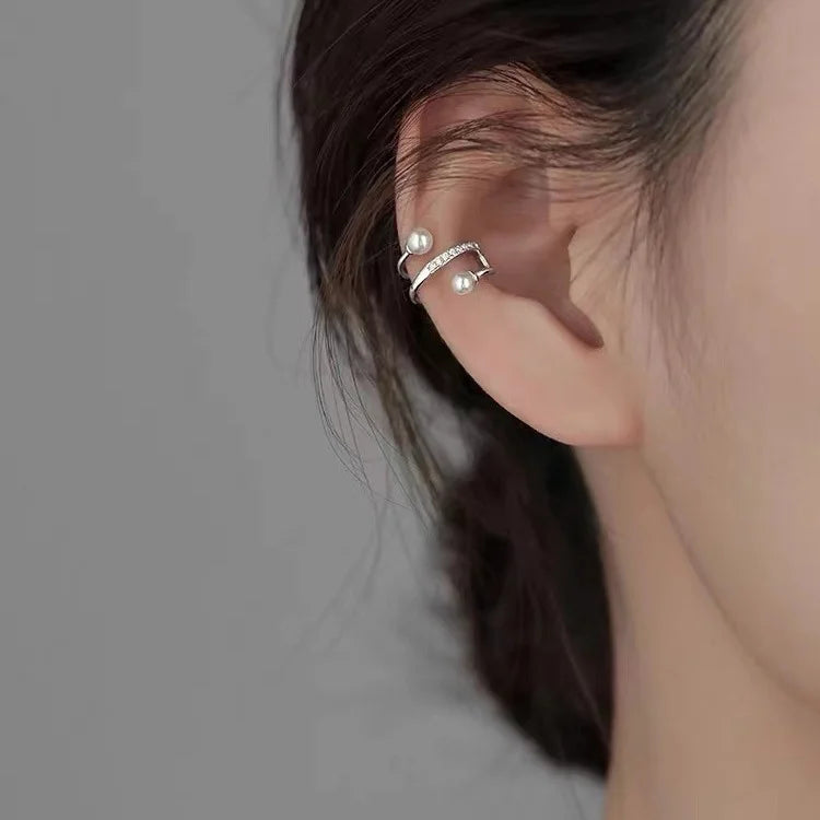 Pearl & Zirconia Double-Band Silver Ear Cuffs
