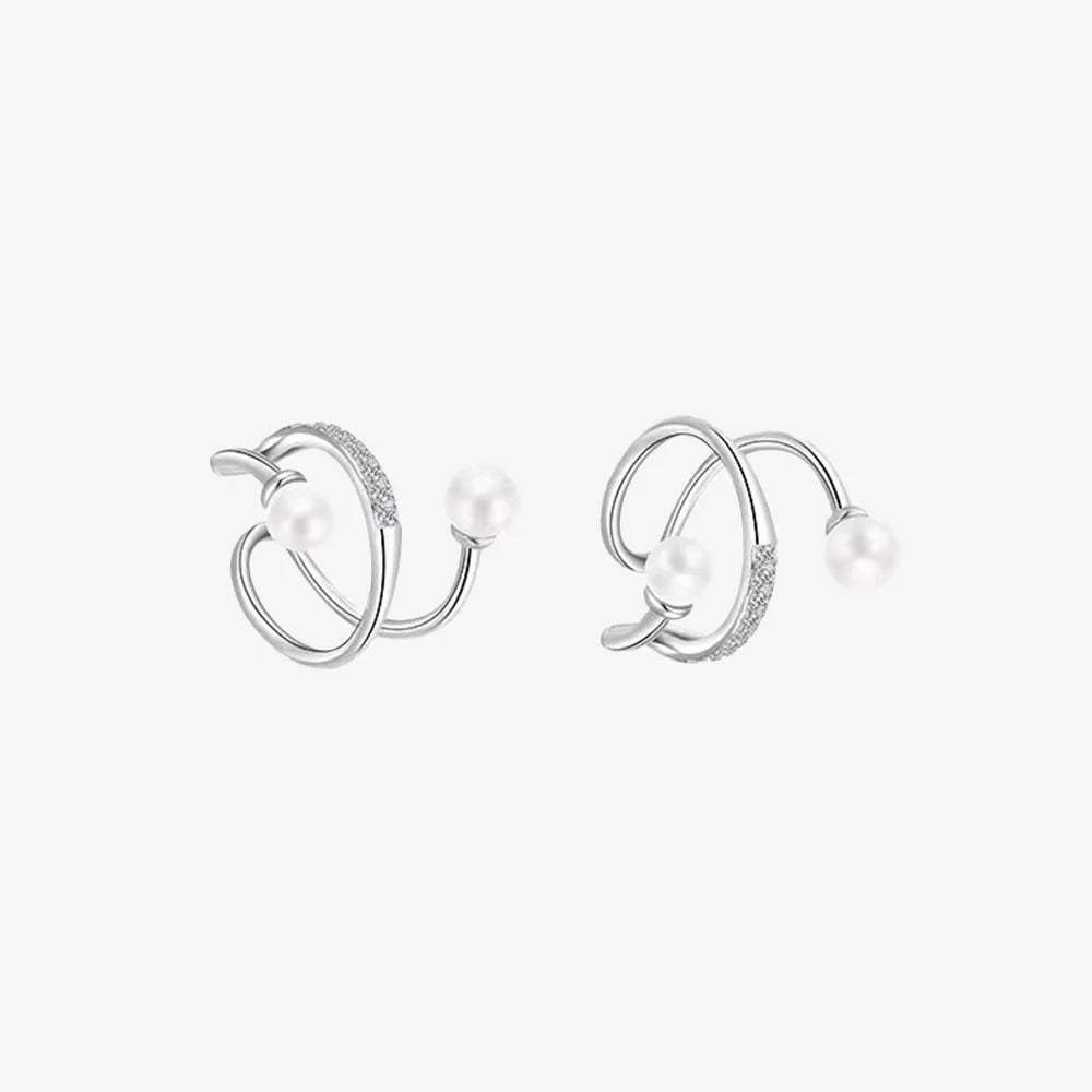 Pearl & Zirconia Double-Band Silver Ear Cuffs