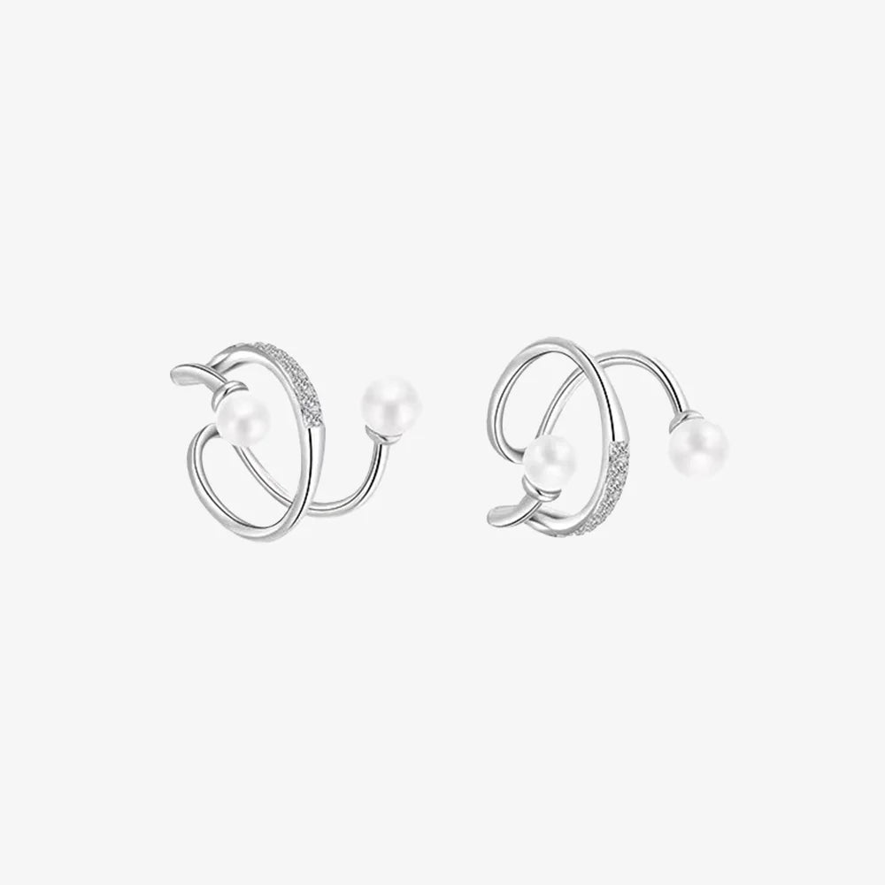 Pearl & Zircon Double-Band Silver Ear Cuffs