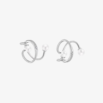Pearl and zirconia double-band silver ear cuffs front view on white background