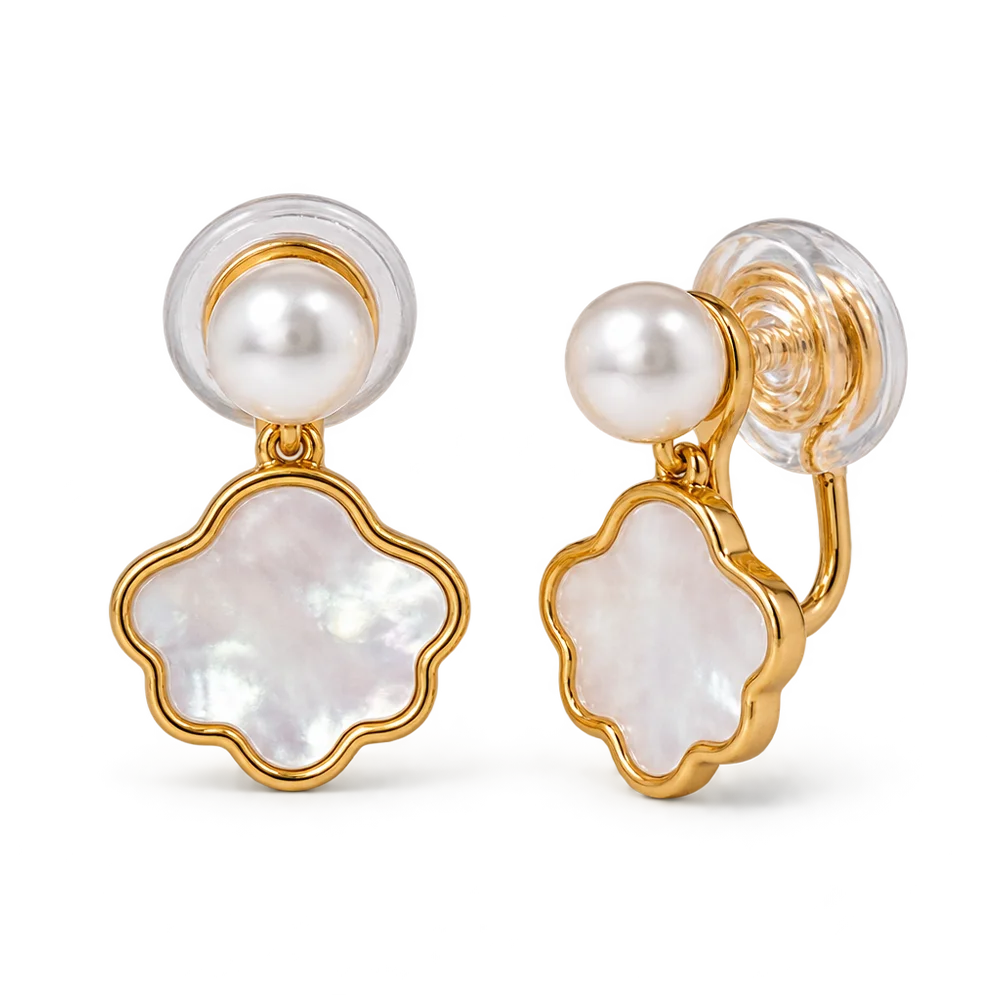 A pair of gold and pearl clip earrings featuring a scalloped mother-of-pearl flower drop and a smaller round pearl on a clear round backing, shown on a white background.