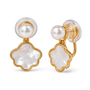 A pair of gold and pearl clip earrings featuring a scalloped mother-of-pearl flower drop and a smaller round pearl on a clear round backing, shown on a white background.