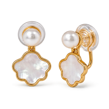 A pair of gold and pearl clip earrings featuring a scalloped mother-of-pearl flower drop and a smaller round pearl on a clear round backing, shown on a white background.