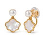 A pair of gold and pearl clip earrings featuring a scalloped mother-of-pearl flower drop and a smaller round pearl on a clear round backing, shown on a white background.